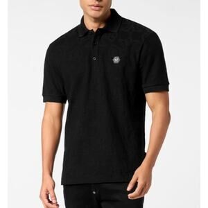 Philipp Plein Men's Black Jacquard Crest Polo T-Shirt Size M